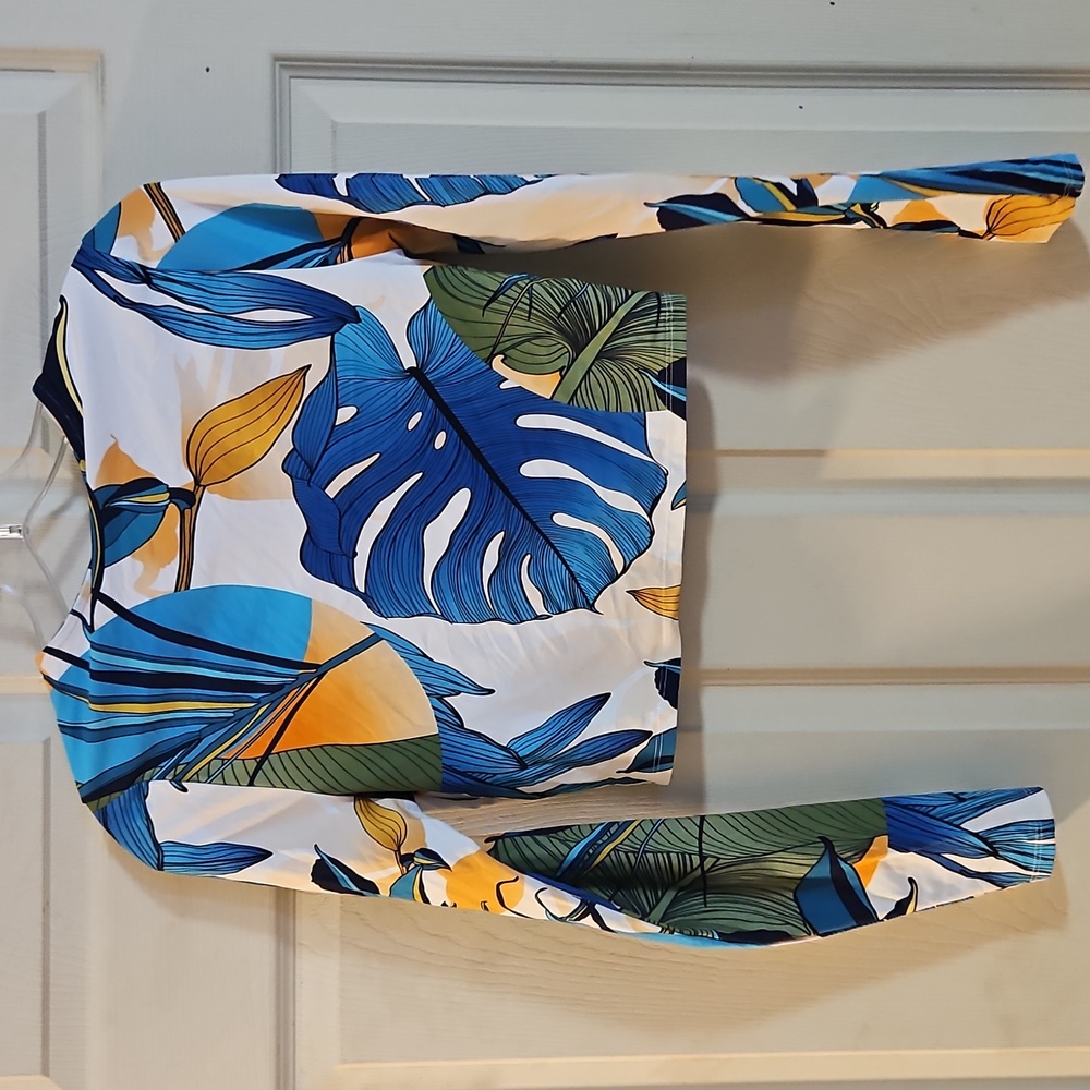 CALIA Women's Long Sleeve Ruched Swim Rashguard: BOTANICAL PRINT WHITE: NWT: M - Picture 5 of 5